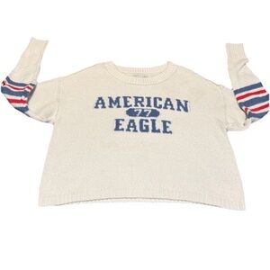 American Eagle Outfitters Cream Sweater with Blue and Red Sleeve Stripes